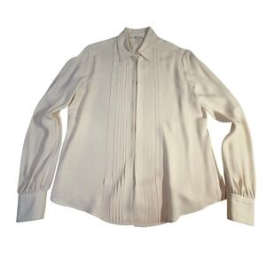 Loro Piana Silk Blouse Size 14 (50) Cream Pleated Tuxedo Front Made Italy